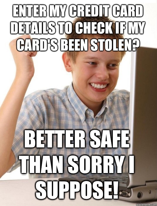 Enter my credit card details to check if my card's been stolen? Better safe than sorry I suppose!  First Day on the Internet Kid
