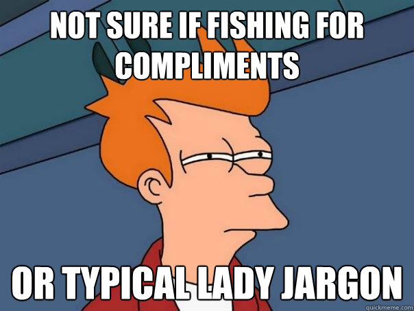 Not sure if fishing for compliments  or typical lady jargon  Futurama Fry