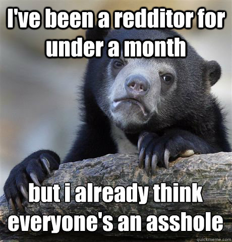 I've been a redditor for under a month but i already think everyone's an asshole  Confession Bear