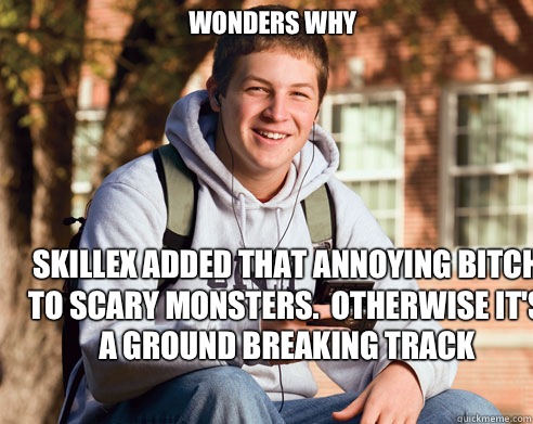 Wonders why Skillex added that annoying bitch to scary monsters.  Otherwise it's a ground breaking track  College Freshman