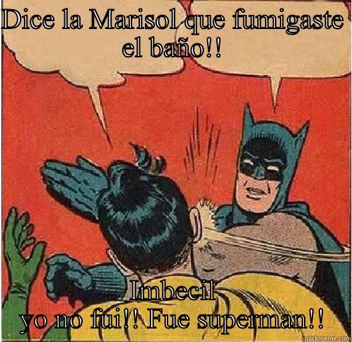 DICE LA MARISOL QUE FUMIGASTE EL BAÑO!! IMBECIL YO NO FUI!! FUE SUPERMAN!! Batman Slapping Robin