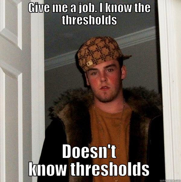 Hire me to risk - GIVE ME A JOB. I KNOW THE THRESHOLDS DOESN'T KNOW THRESHOLDS Scumbag Steve