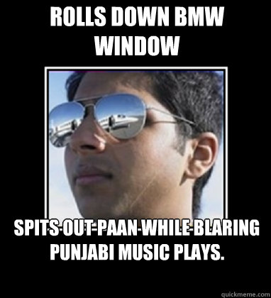 Rolls down BMW window spits out paan while blaring punjabi music plays. - Rolls down BMW window spits out paan while blaring punjabi music plays.  Rich Delhi Boy