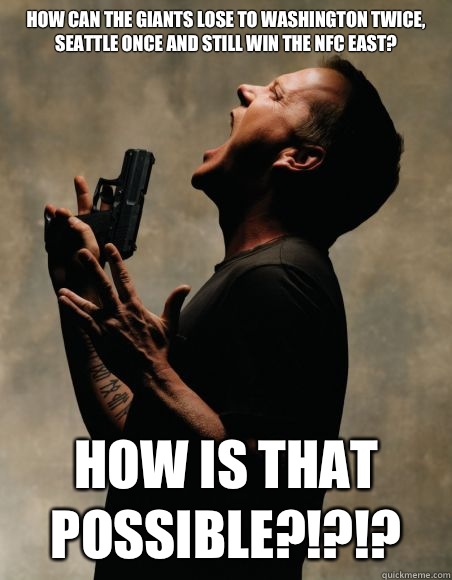 How can the giants lose to Washington twice, Seattle once and still win the NFC east? How is that possible?!?!?  Angry Jack Bauer