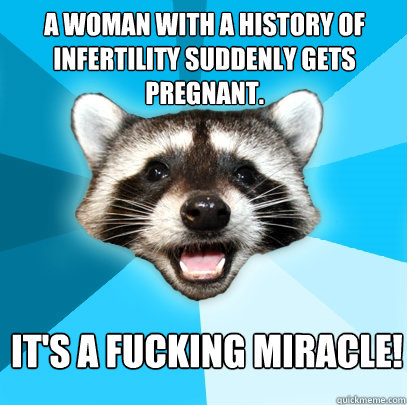 A woman with a history of infertility suddenly gets pregnant. It's a fucking miracle!  Lame Pun Coon