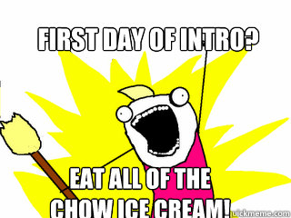 First day of intro? Eat all of the
chow ice cream!  All The Things