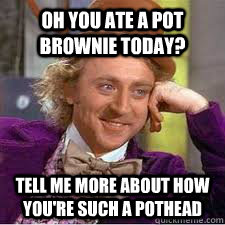 Oh you ate a pot brownie today? tell me more about how you're such a pothead  WILLY WONKA SARCASM