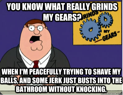 you know what really grinds my gears? When i'm peacefully trying to shave my balls, and some jerk just busts into the bathroom without knocking.  Grinds my gears