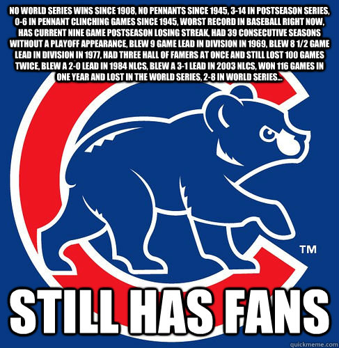 No World Series wins since 1908, no pennants since 1945, 3-14 in postseason series, 0-6 in pennant clinching games since 1945, worst record in baseball right now, has current nine game postseason losing streak, had 39 consecutive seasons without a playoff - No World Series wins since 1908, no pennants since 1945, 3-14 in postseason series, 0-6 in pennant clinching games since 1945, worst record in baseball right now, has current nine game postseason losing streak, had 39 consecutive seasons without a playoff  Cubs Suck