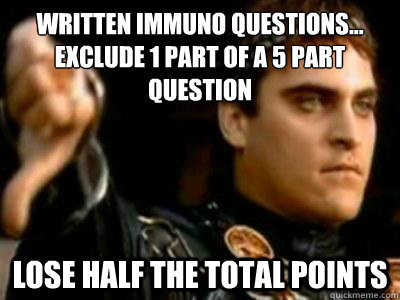 Written Immuno Questions...
Exclude 1 part of a 5 part question lose half the total points  Downvoting Roman
