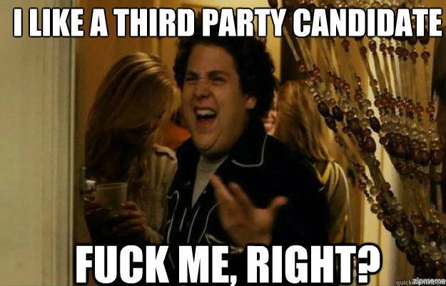 I like a third party candidate FUCK ME, RIGHT?  fuck me right