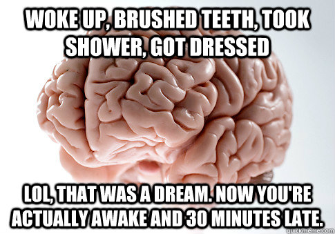 Woke up, brushed teeth, took shower, got dressed LOL, that was a dream. now you're actually awake and 30 minutes late.  Scumbag Brain