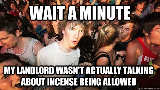 wait a minute my landlord wasn't actually talking about incense being allowed - wait a minute my landlord wasn't actually talking about incense being allowed  Sudden Clarity Clarence