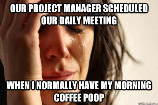 our project manager scheduled our daily meeting when i normally have my morning coffee poop  First World Problems