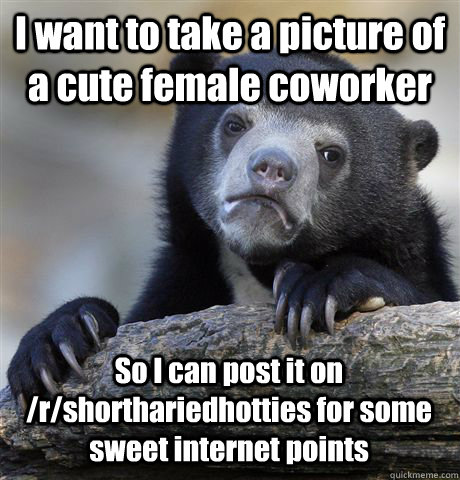 I want to take a picture of a cute female coworker So I can post it on /r/shorthariedhotties for some sweet internet points  Confession Bear