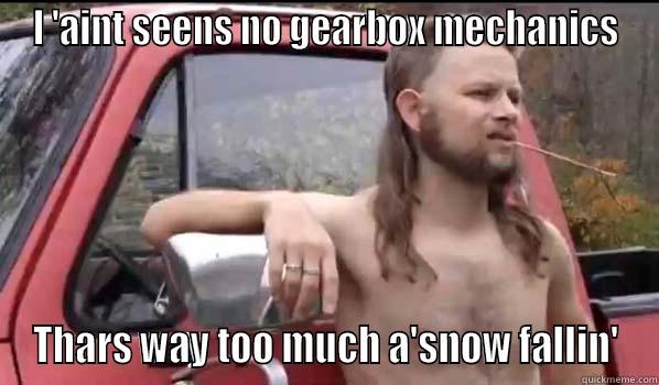I 'AINT SEENS NO GEARBOX MECHANICS THARS WAY TOO MUCH A'SNOW FALLIN' Almost Politically Correct Redneck