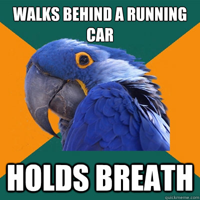 Walks behind a running car holds breath  Paranoid Parrot