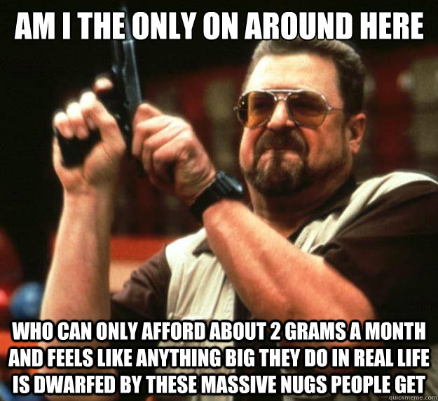 Am I the only on around here who can only afford about 2 grams a month and feels like anything big they do in real life is dwarfed by these massive nugs people get - Am I the only on around here who can only afford about 2 grams a month and feels like anything big they do in real life is dwarfed by these massive nugs people get  Big Lebowski