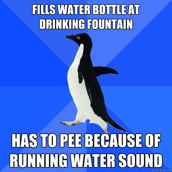 fills water bottle at
drinking fountain has to pee because of running water sound  Socially Awkward Penguin