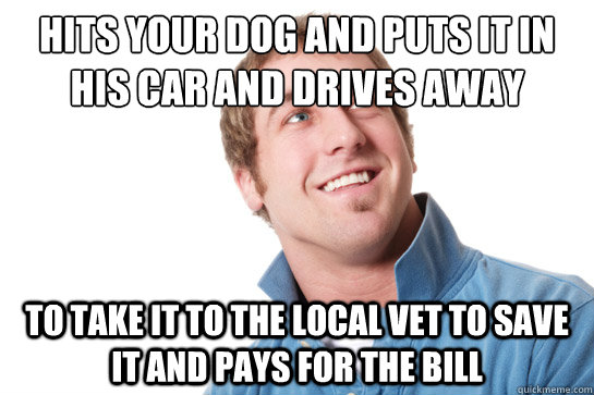 Hits your dog and puts it in his car and drives away to take it to the local vet to save it and pays for the bill  Misunderstood D-Bag