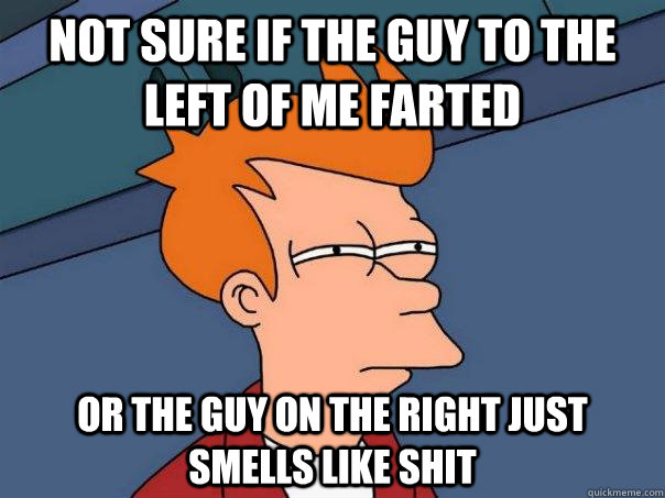 Not sure if the guy to the left of me farted or the guy on the right just smells like shit   Futurama Fry