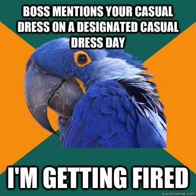 Boss mentions your casual dress on a designated casual dress day I'm getting fired  Paranoid Parrot