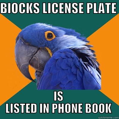 BLOCKS LICENSE PLATE  IS LISTED IN PHONE BOOK Paranoid Parrot