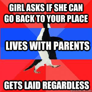 Girl asks if she can go back to your place lives with parents gets laid regardless  Socially awesome awkward awesome penguin