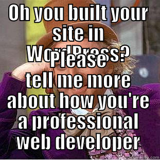 OH YOU BUILT YOUR SITE IN WORDPRESS? PLEASE TELL ME MORE ABOUT HOW YOU'RE A PROFESSIONAL WEB DEVELOPER Condescending Wonka
