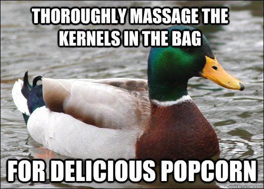 thoroughly Massage the kernels in the bag For Delicious Popcorn  Actual Advice Mallard