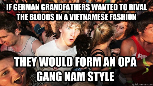 if German grandfathers wanted to rival the Bloods in a Vietnamese fashion They would form an Opa gang nam style  Sudden Clarity Clarence
