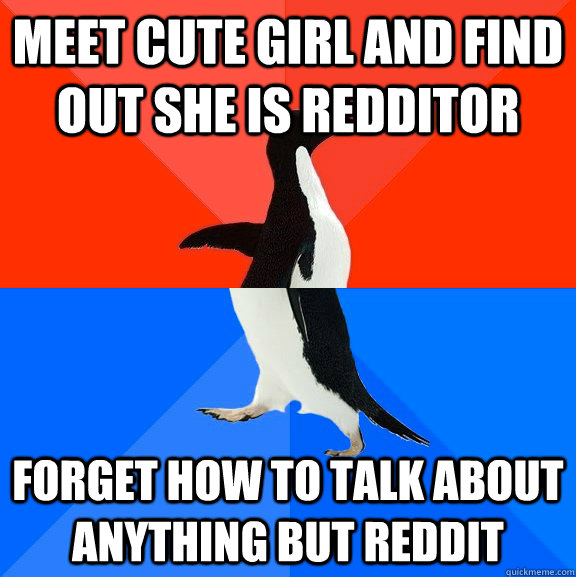 meet cute girl and find out she is redditor forget how to talk about anything but reddit  Socially Awesome Awkward Penguin