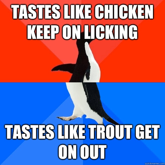 Tastes like chicken keep on licking  Tastes like trout get on out - Tastes like chicken keep on licking  Tastes like trout get on out  Socially Awesome Awkward Penguin