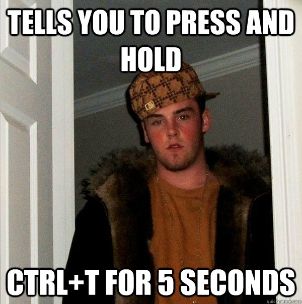 tells you to press and hold ctrl+T for 5 seconds - tells you to press and hold ctrl+T for 5 seconds  Scumbag Steve