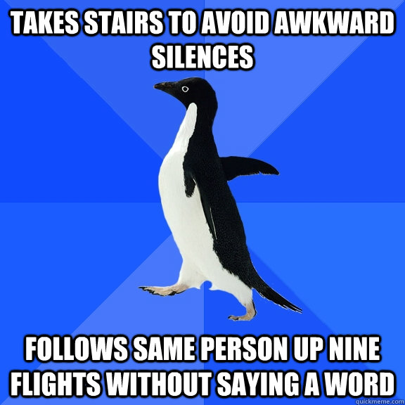 takes stairs to avoid awkward silences follows same person up nine flights without saying a word  Socially Awkward Penguin