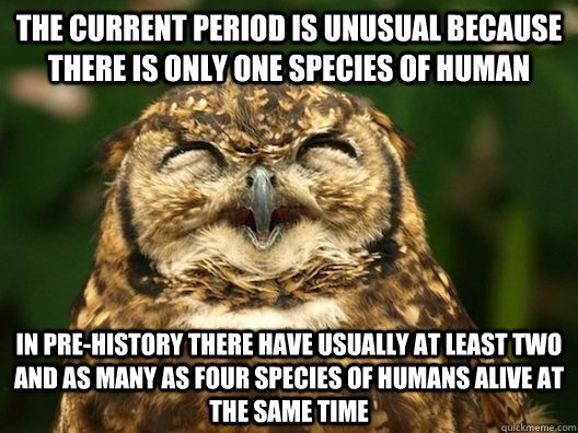 The current period is unusual because there is only one species of human  in pre-history there have usually at least two and as many as four species of humans alive at the same time - The current period is unusual because there is only one species of human  in pre-history there have usually at least two and as many as four species of humans alive at the same time  Useless Fact Owl