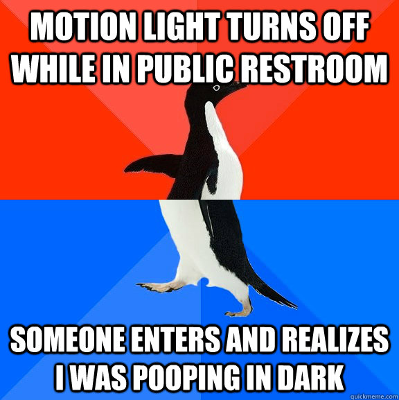 Motion light turns off while in public restroom someone enters and realizes i was pooping in dark  Socially Awesome Awkward Penguin