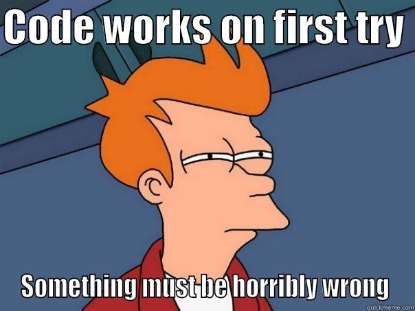 CODE WORKS ON FIRST TRY  SOMETHING MUST BE HORRIBLY WRONG Futurama Fry