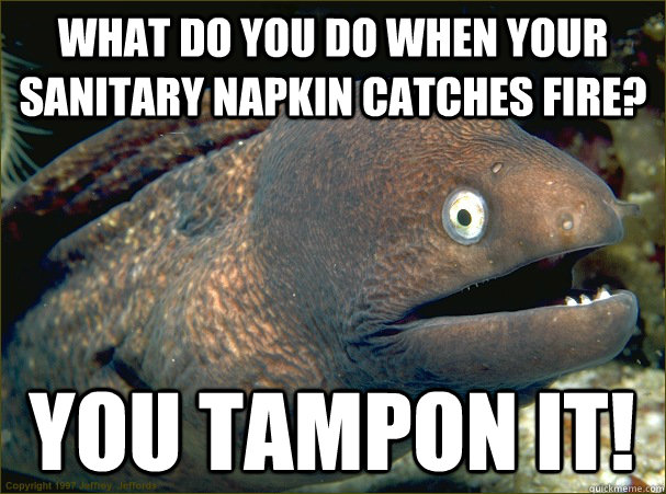 What do you do when your sanitary napkin catches fire? You tampon it! - What do you do when your sanitary napkin catches fire? You tampon it!  Bad Joke Eel
