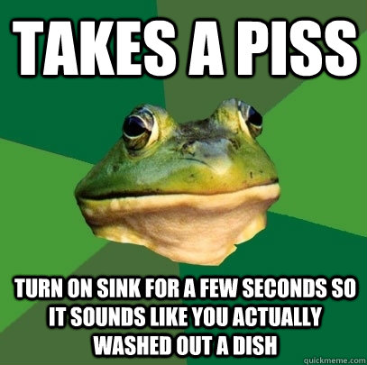 Takes a piss Turn on sink for a few seconds so it sounds like you actually washed out a dish  Foul Bachelor Frog