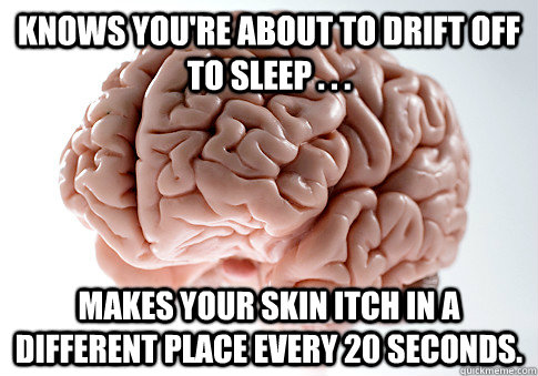 Knows you're about to drift off to sleep . . . Makes your skin itch in a different place every 20 seconds.  Scumbag Brain