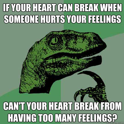 If your heart can break when someone hurts your feelings Can't your heart break from having too many feelings?  Philosoraptor