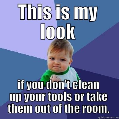 THIS IS MY LOOK IF YOU DON'T CLEAN UP YOUR TOOLS OR TAKE THEM OUT OF THE ROOM. Success Kid