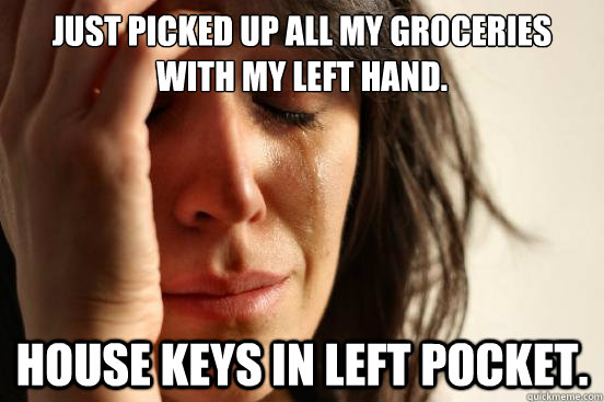 Just picked up all my groceries with my left hand. House keys in left pocket. - Just picked up all my groceries with my left hand. House keys in left pocket.  First World Problems