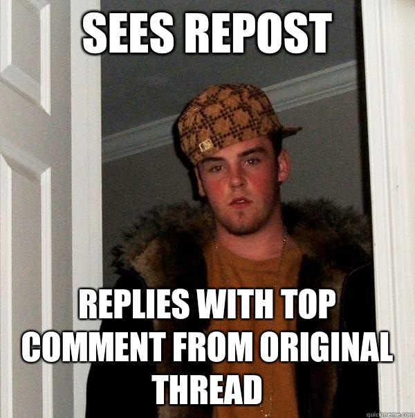 Sees repost Replies with top comment from original thread  Scumbag Steve