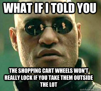 what if i told you The shopping cart wheels won't really lock if you take them outside the lot  Matrix Morpheus