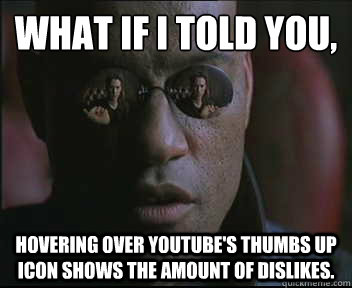 What if I told you, hovering over Youtube's thumbs up icon shows the amount of dislikes.  Morpheus SC