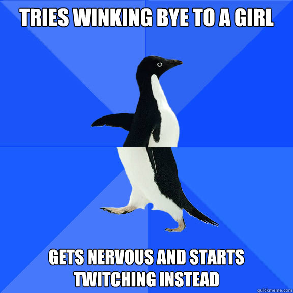 tries winking bye to a girl gets nervous and starts twitching instead  Double Socially Awkward Penguin