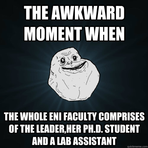 The awkward moment when the whole EnI faculty comprises of the leader,her ph.d. student and a lab assistant  Forever Alone