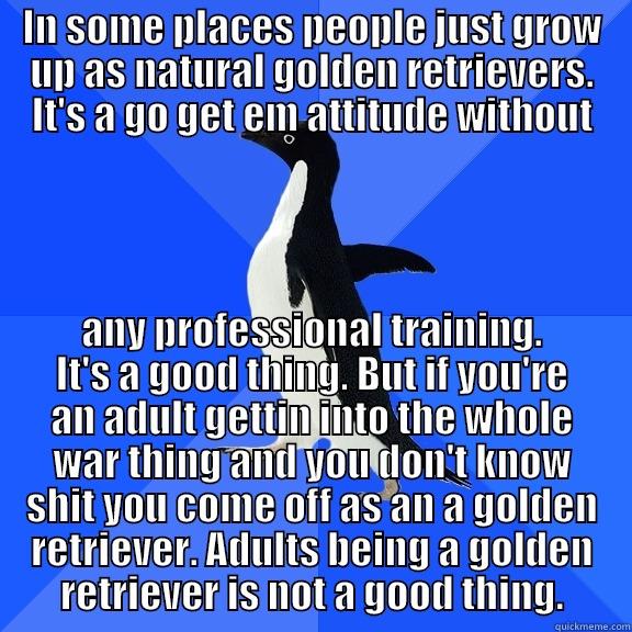 IN SOME PLACES PEOPLE JUST GROW UP AS NATURAL GOLDEN RETRIEVERS. IT'S A GO GET EM ATTITUDE WITHOUT ANY PROFESSIONAL TRAINING. IT'S A GOOD THING. BUT IF YOU'RE AN ADULT GETTIN INTO THE WHOLE WAR THING AND YOU DON'T KNOW SHIT YOU COME OFF AS AN A GOLDEN RETRIEVER. ADULTS BEING A GOLDEN RETRIEVER IS NOT A GOOD THING. Socially Awkward Penguin